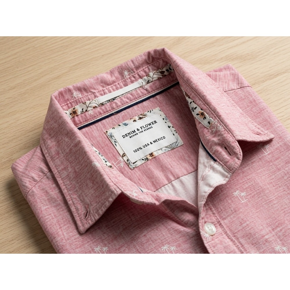 Denim Flower Ricky Singh Mens S Coral Pink Palm Tree Short Sleeve Shirt